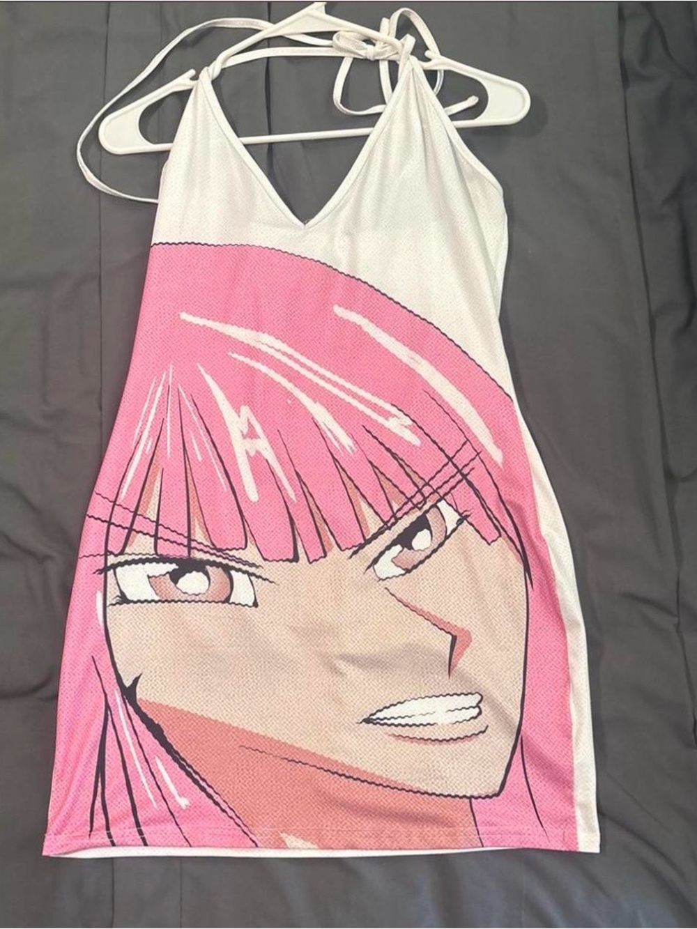 White & Pink Anime Face Halter Dress